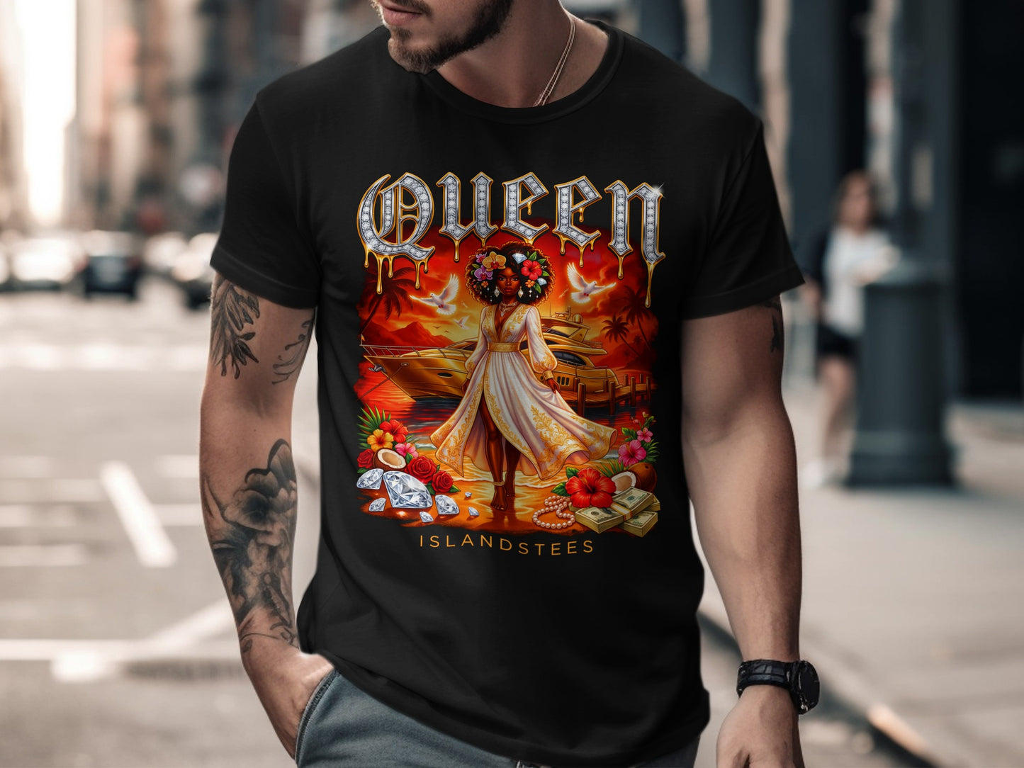 Black t-shirt featuring a woman adorned with flowers, a yacht, and gemstones.