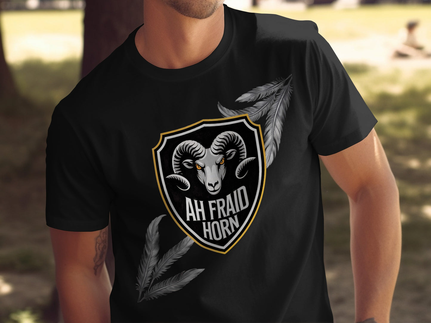 Ram Shield with Feathers Design Black T-shirt