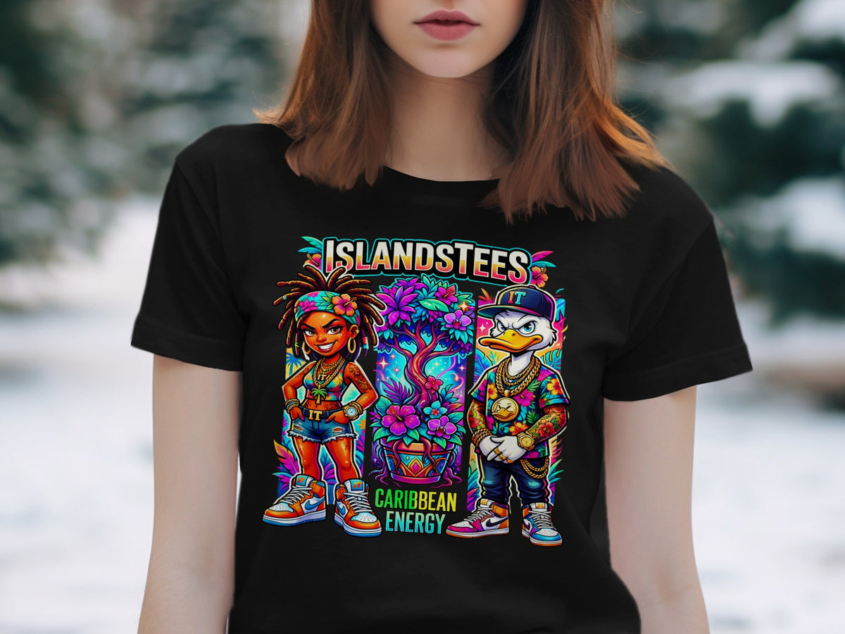 Black t-shirt with cartoon characters "Islandstees" and "Caribbean Energy" text.