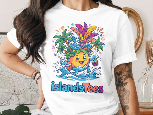 Cartoon pineapple character with tropical leaves and drums on waves, text "islandsTees".
