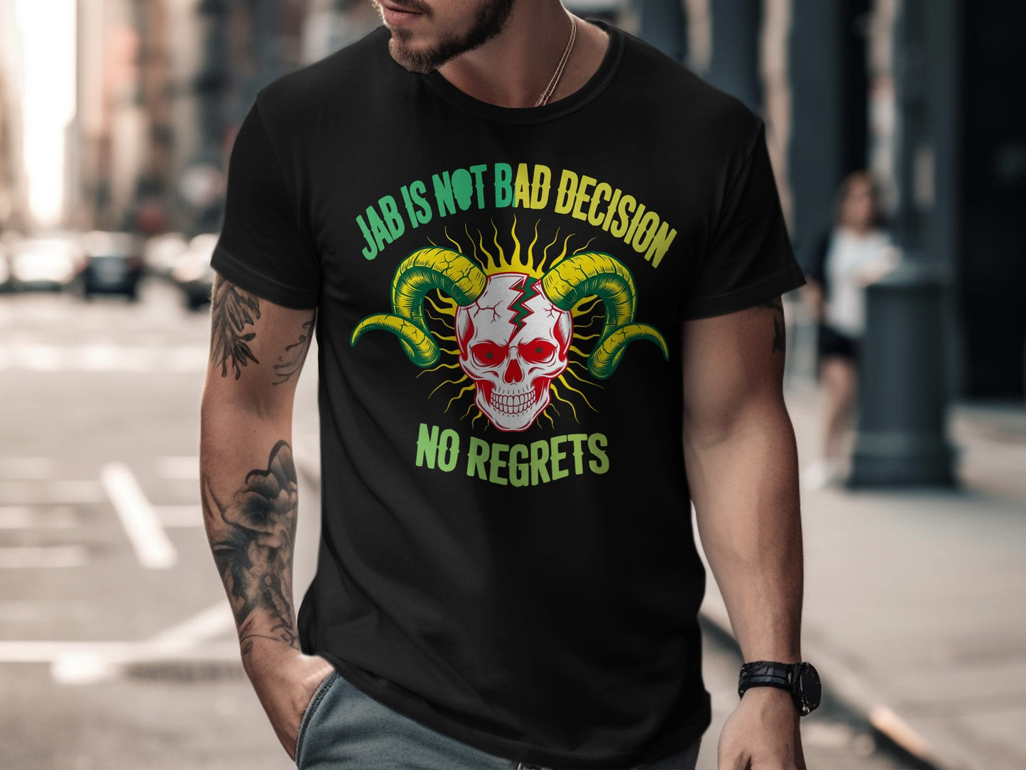 Black t-shirt with a skull graphic and text "JAB IS NOT BAD DECISION NO REGRETS".