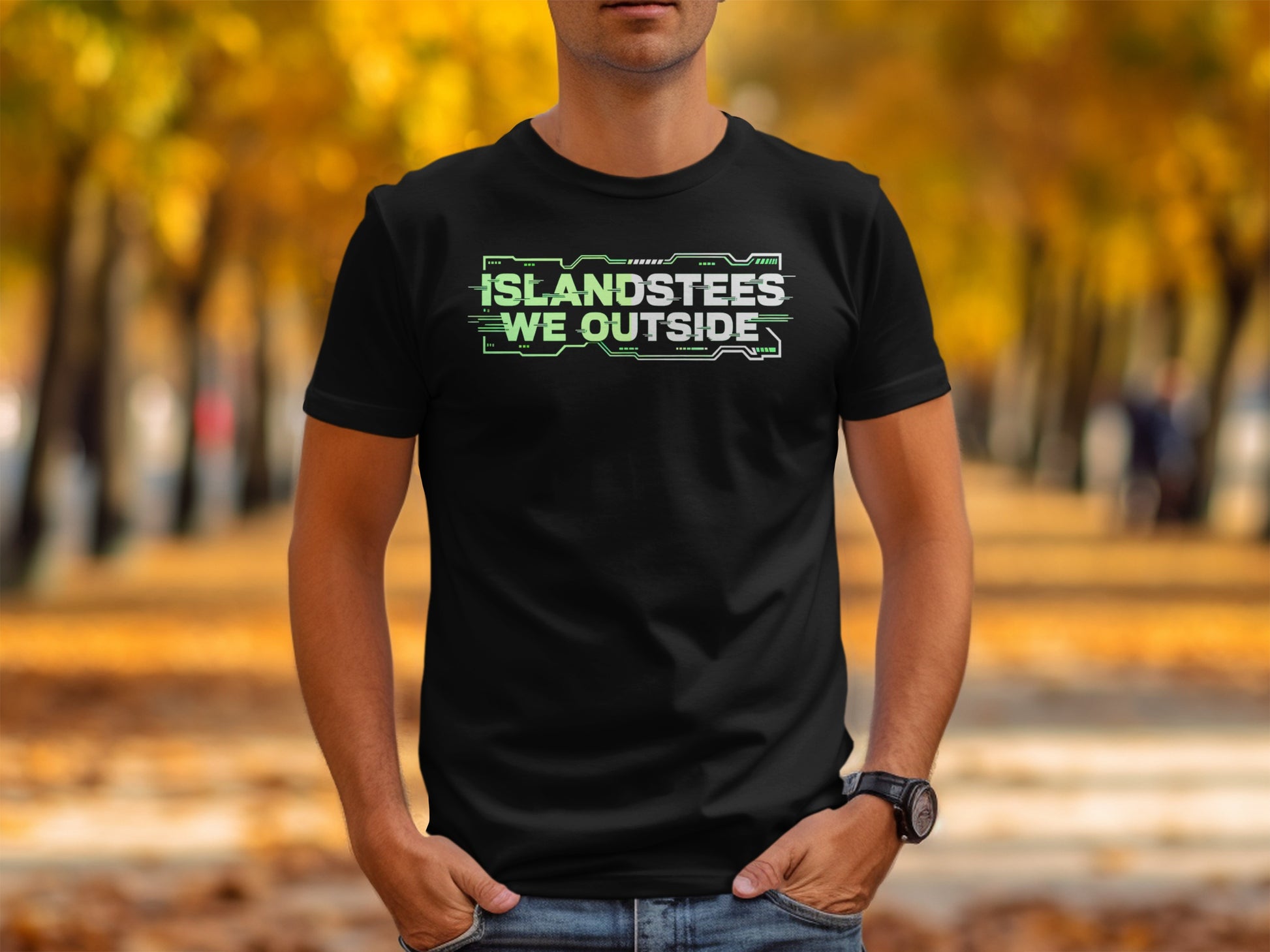 Black t-shirt with "ISLANSTEES WE OUTSIDE" text in neon green.