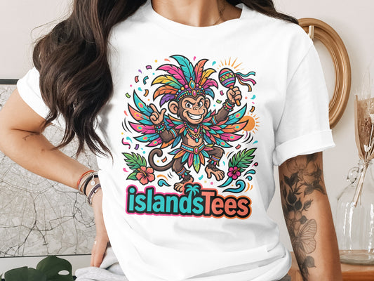 Monkey in colorful costume holding maracas and wearing a headdress, with text "islandsTees".