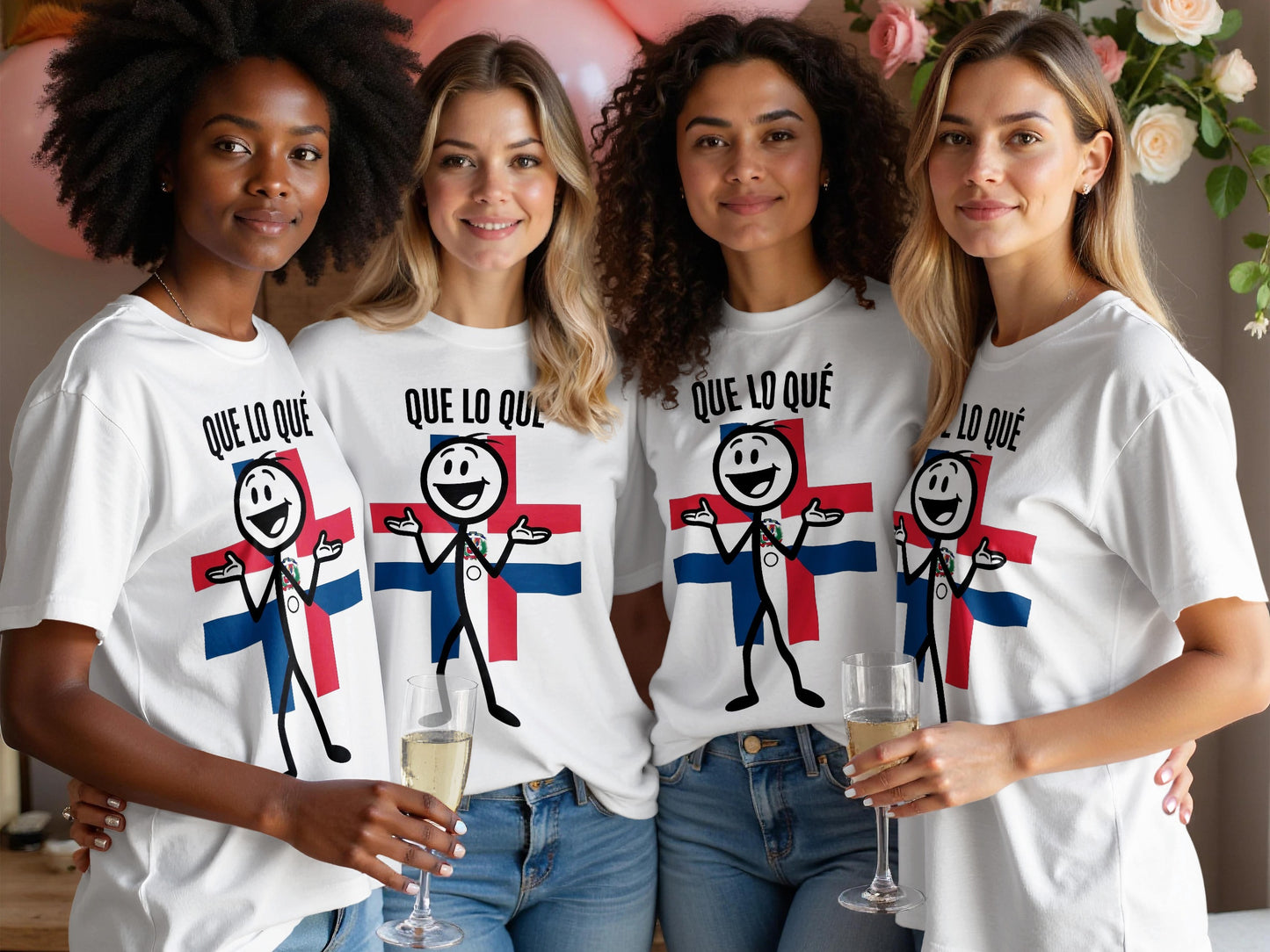 Four women in white t-shirts with a Dominican flag design and stick figures.