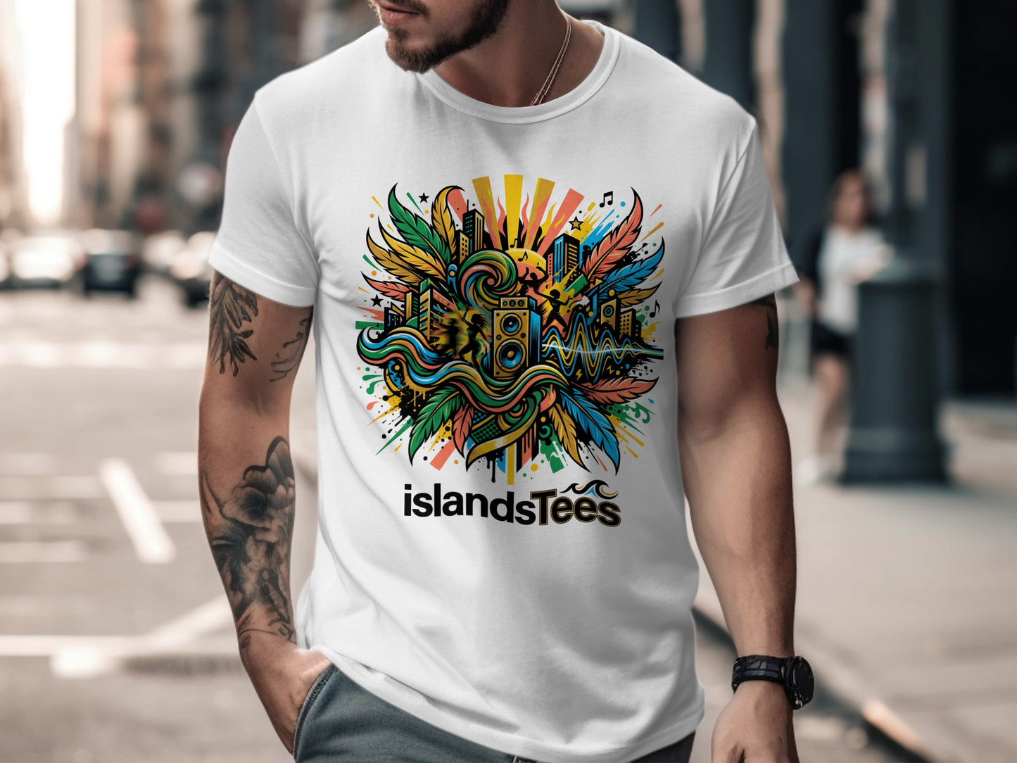 White t-shirt with colorful abstract sound waves, leaves, and cityscape graphic.