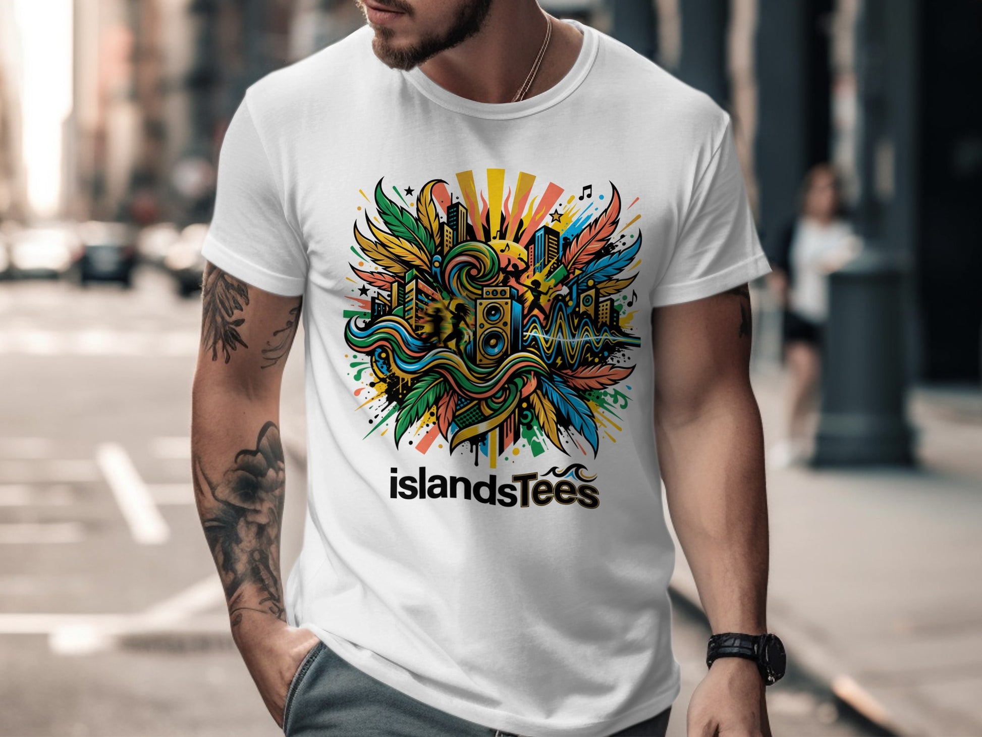 White t-shirt with colorful abstract sound waves, leaves, and cityscape graphic.
