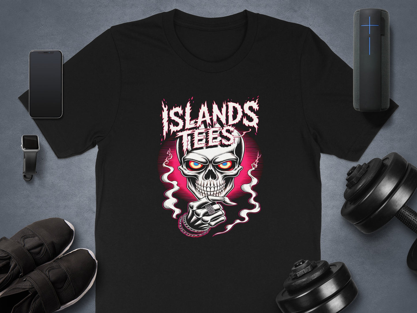 Black t-shirt with skull graphic and "ISLANDS TEES" text.
