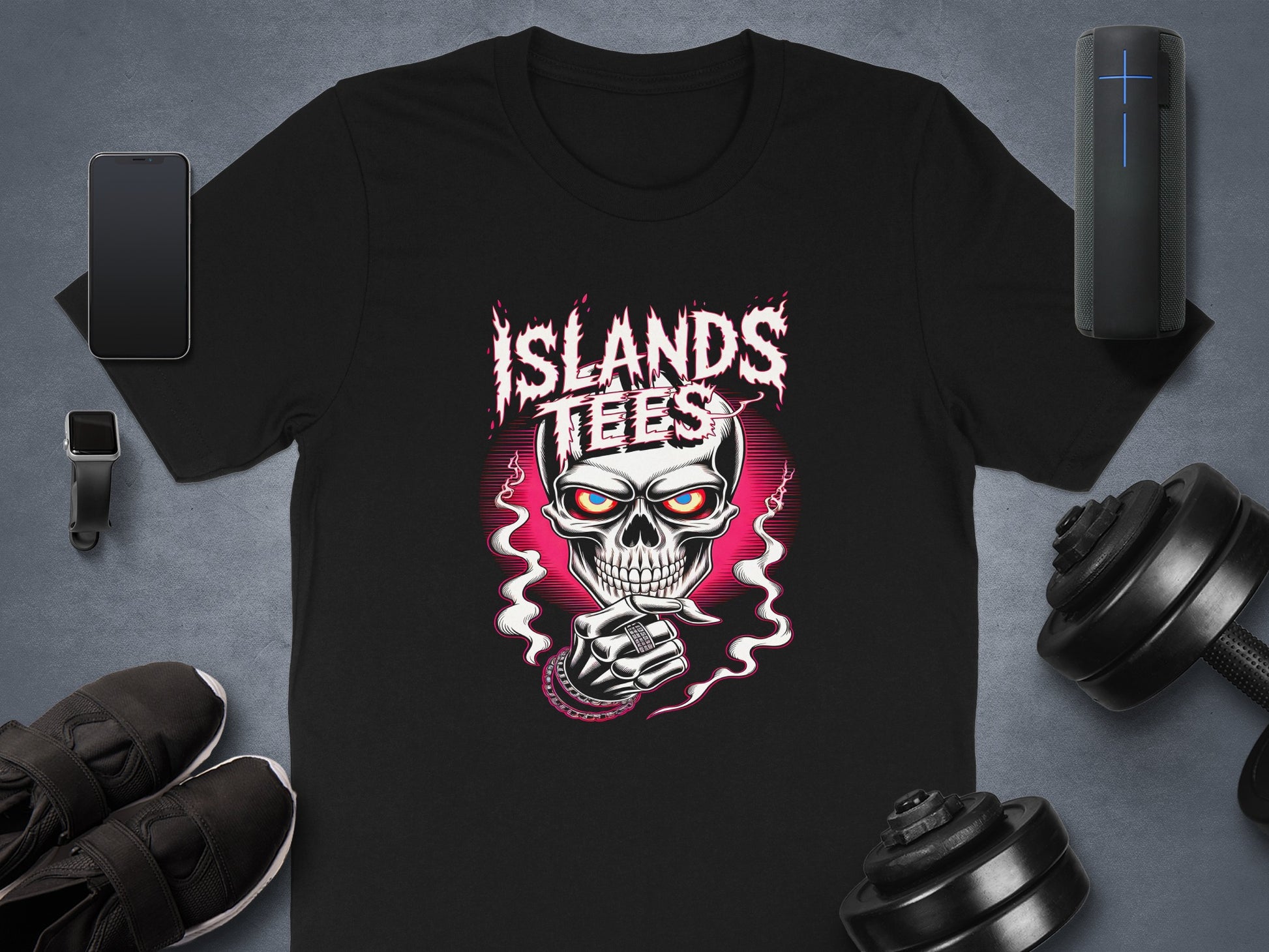 Black t-shirt with skull graphic and "ISLANDS TEES" text.