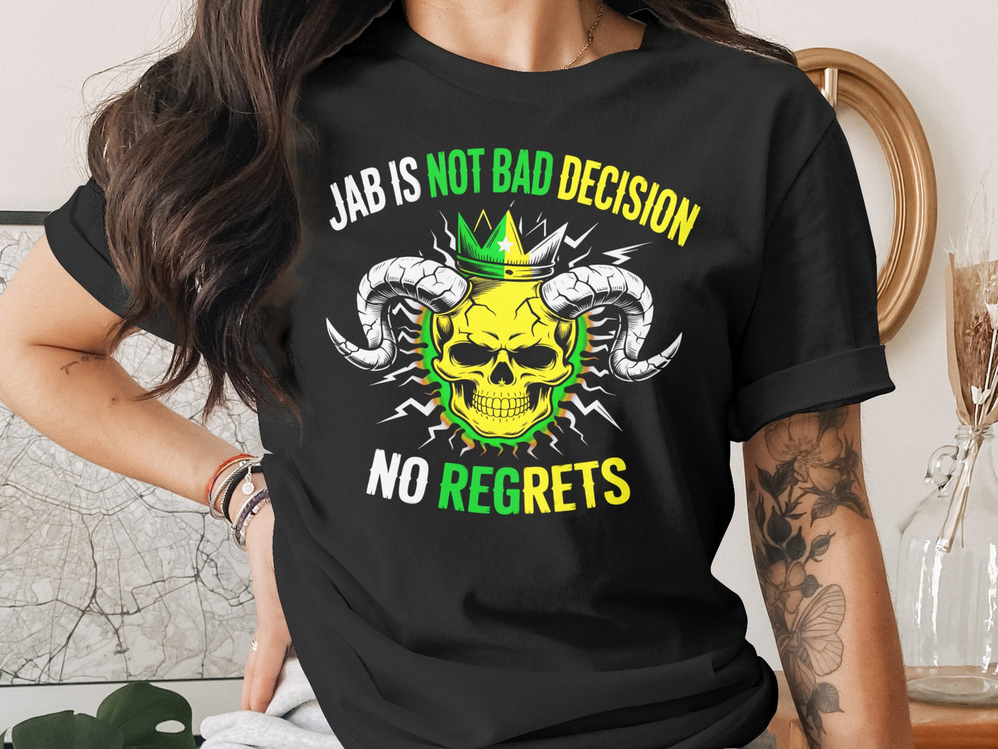 Black t-shirt with skull graphic and text "JAB IS NOT BAD DECISION NO REGRETS".