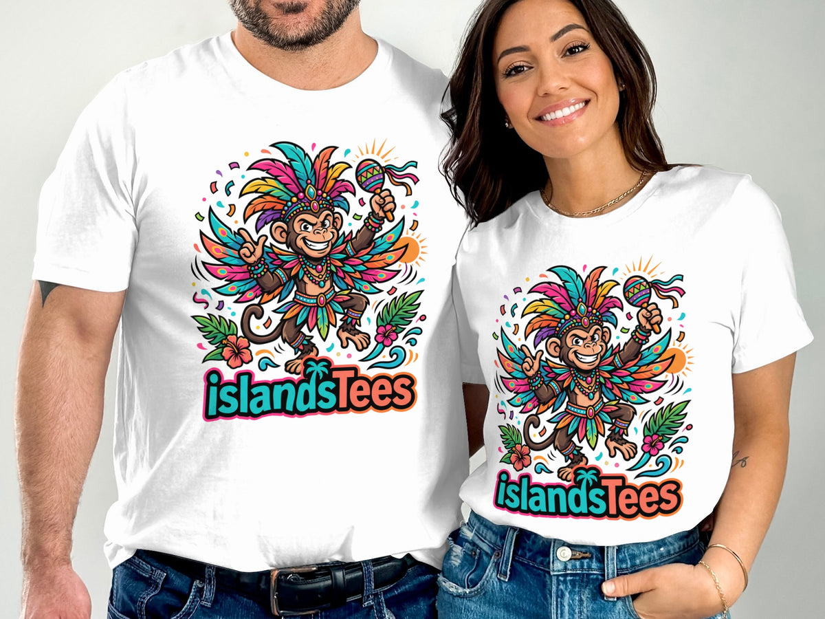 T-shirt with monkey in carnival costume holding maracas, "IslandsTees" logo.
