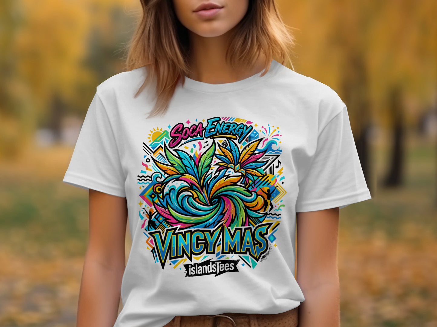 White t-shirt with vibrant soca energy design featuring a colorful bird and text.