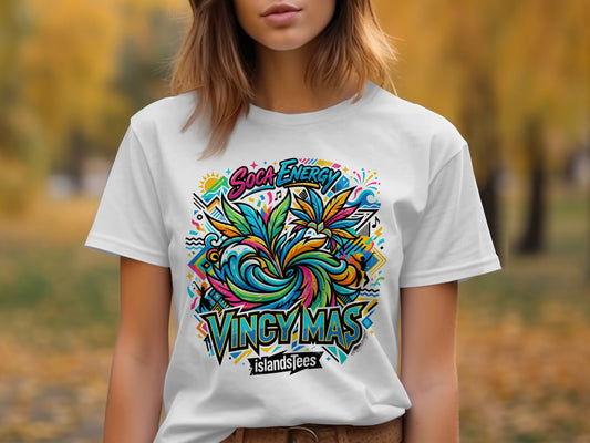 White t-shirt with vibrant soca energy design featuring a colorful bird and text.