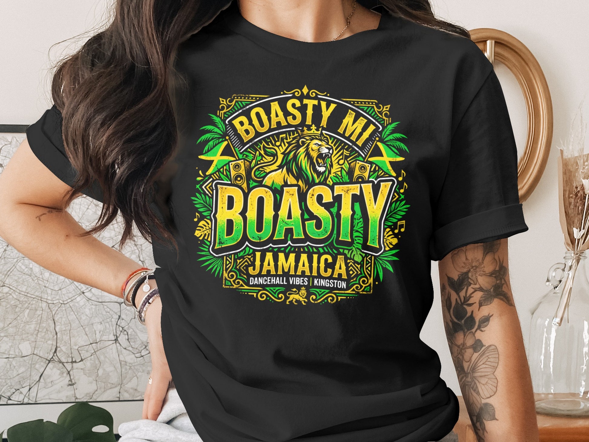 Black t-shirt with "BOASTY MI BOASTY JAMAICA" and lion graphic.