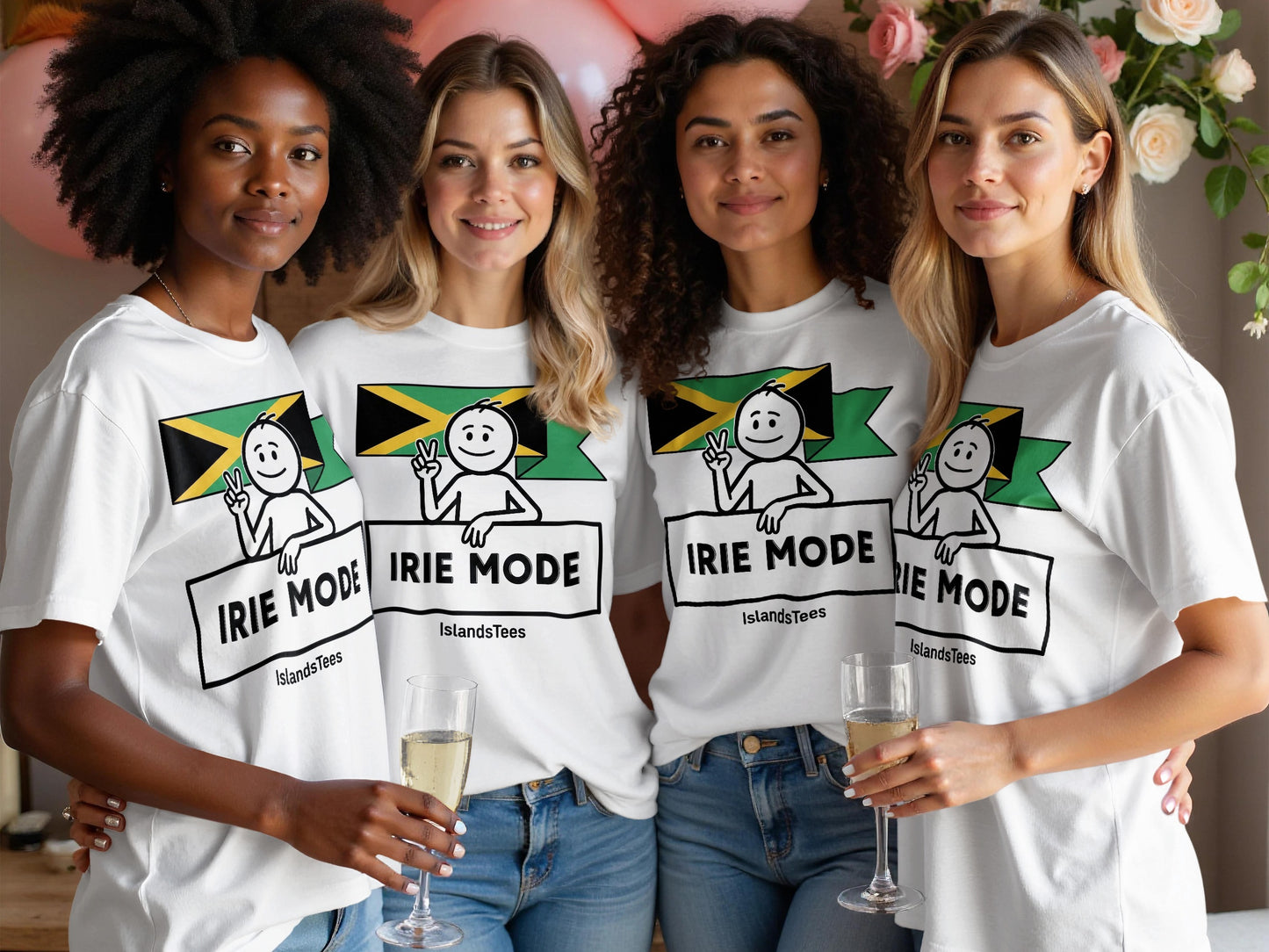 Four women wearing white t-shirts with a Jamaican flag and "IRIE MODE" text.