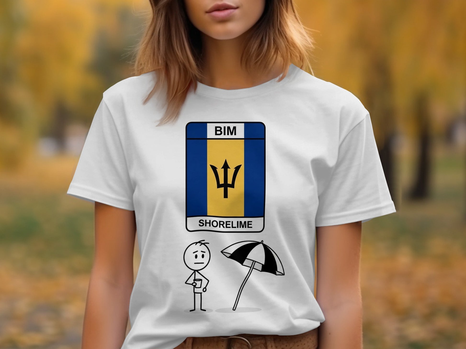White t-shirt with Barbados flag, "BIM", and cartoon person with umbrella.