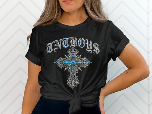Black t-shirt with ornate silver and blue cross design and "TNT BOYS" text.