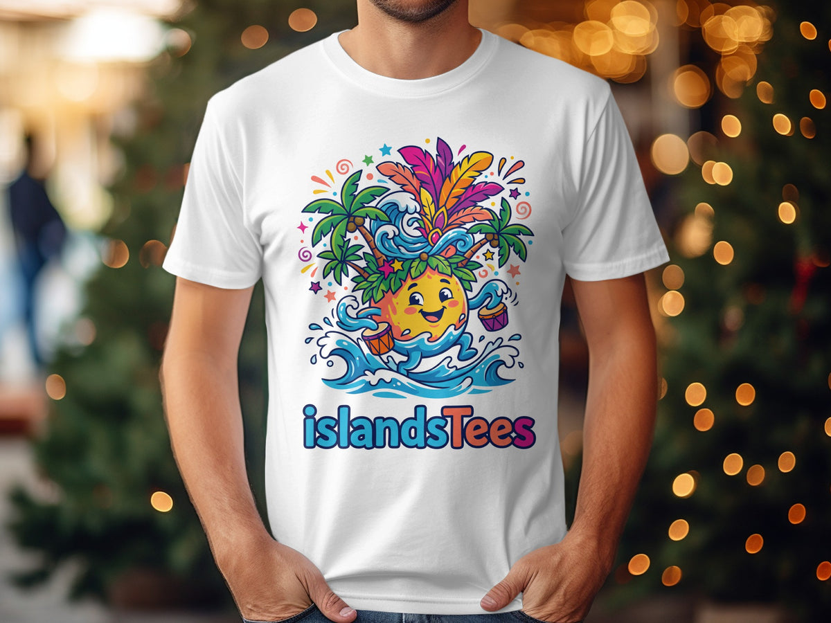 White t-shirt featuring cartoon sun wearing sunglasses, holding a basket, surrounded by waves and palm trees.