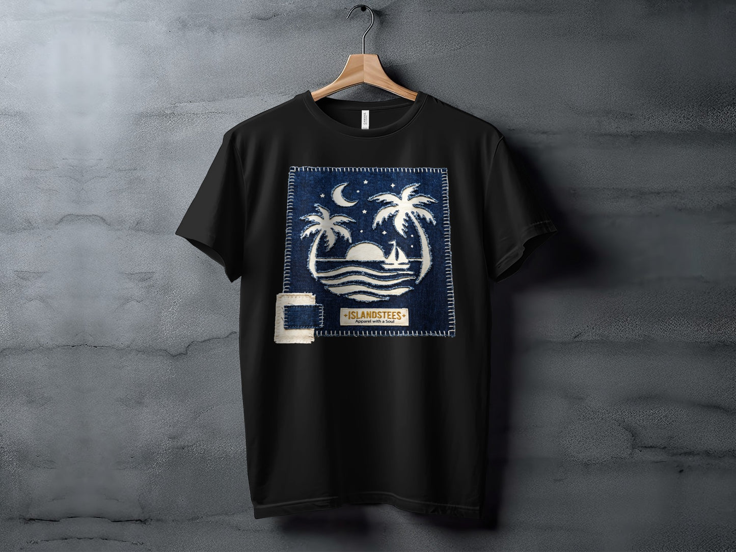 Black t-shirt with a sunset, palm trees, and sailboat graphic.