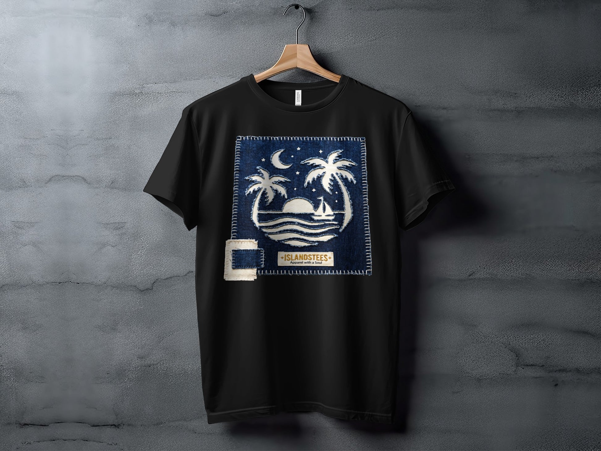 Black t-shirt with a sunset, palm trees, and sailboat graphic.