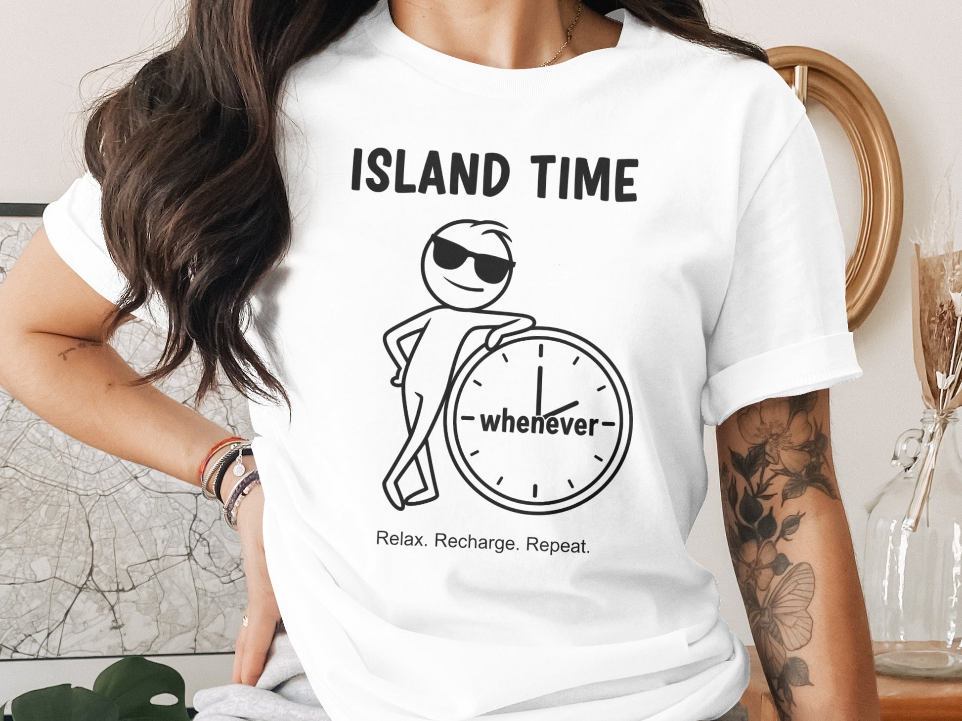 T-shirt with "Island Time" and stick figure leaning on a clock showing "whenever".