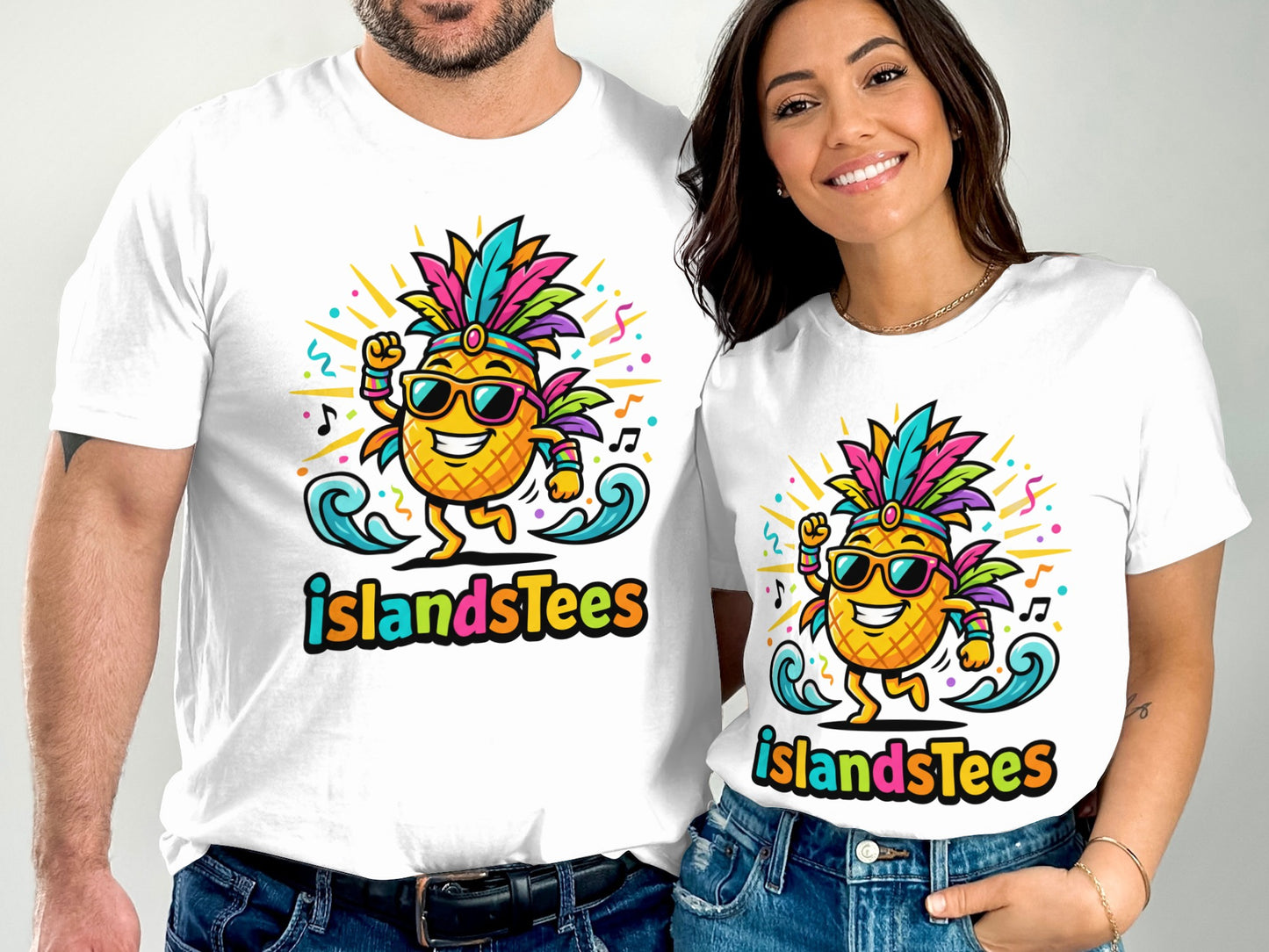 White t-shirts featuring a dancing pineapple with sunglasses and IslandsTees logo.