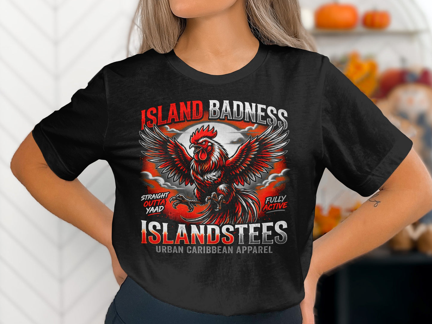 Black t-shirt with a fiery rooster graphic and "ISLAND BADNESS" text.
