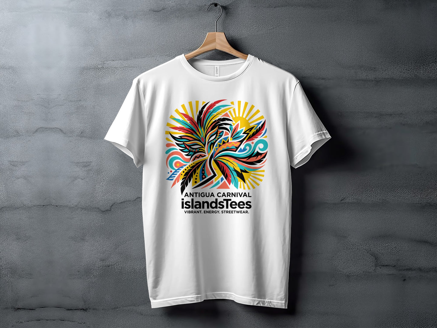 White t-shirt with colorful abstract "Antigua Carnival IslandsTees" graphic.