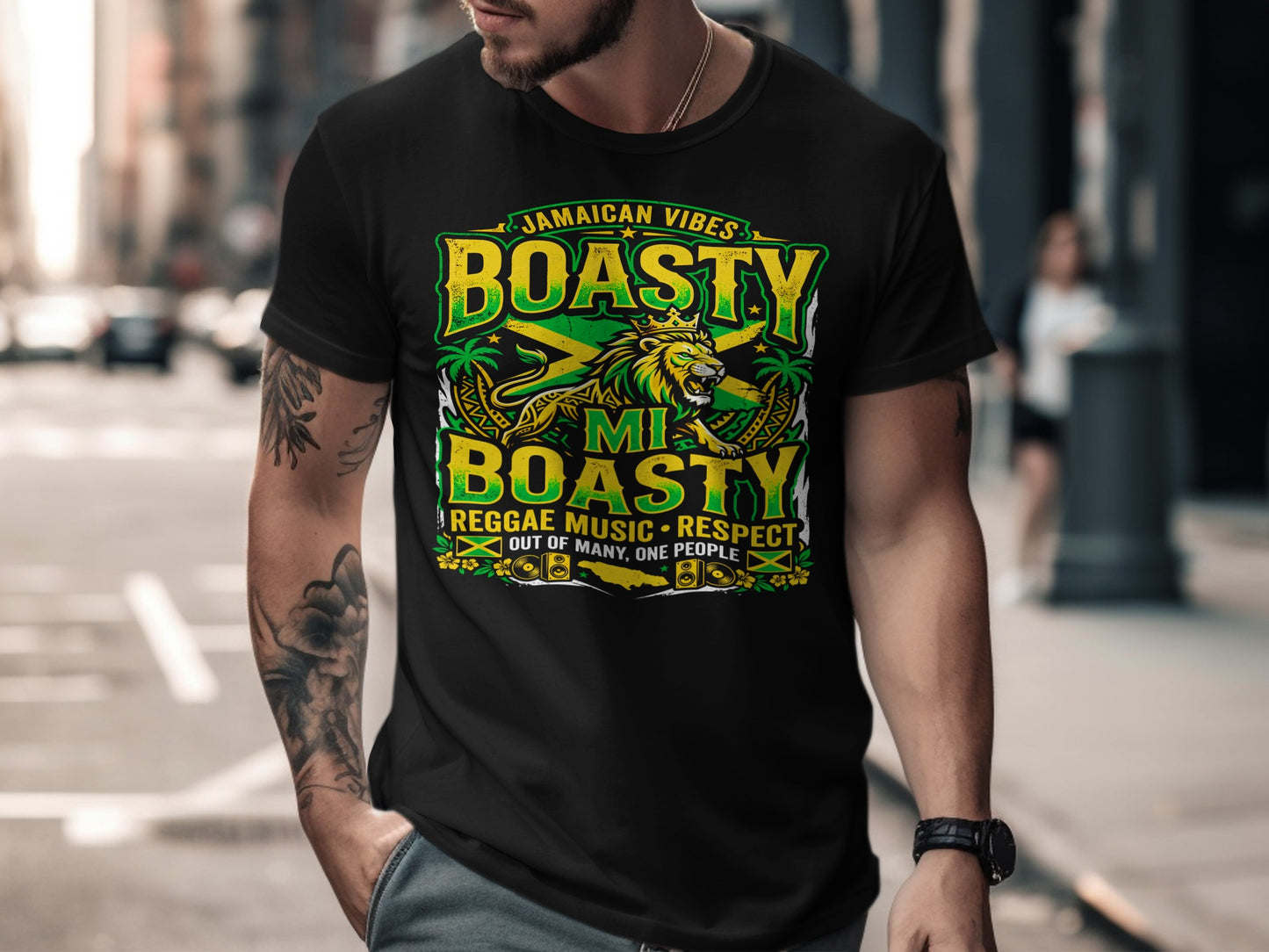 Black t-shirt with Jamaican flag, lion, and text "Jamaican Vibes, Boasty Mi Boasty, Reggae Music, Respect".