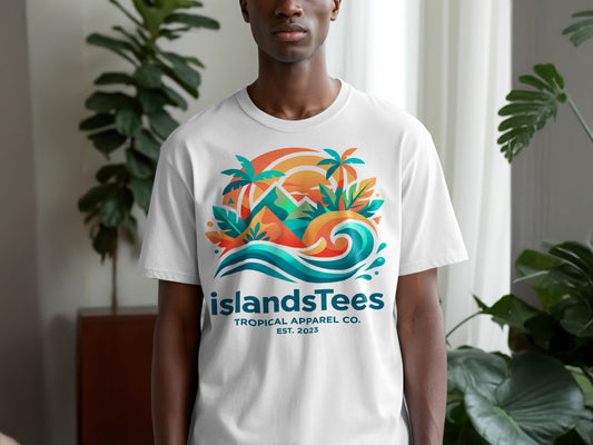 White t-shirt with IslandsTees Tropical Apparel Co. logo depicting a tropical island sunset.