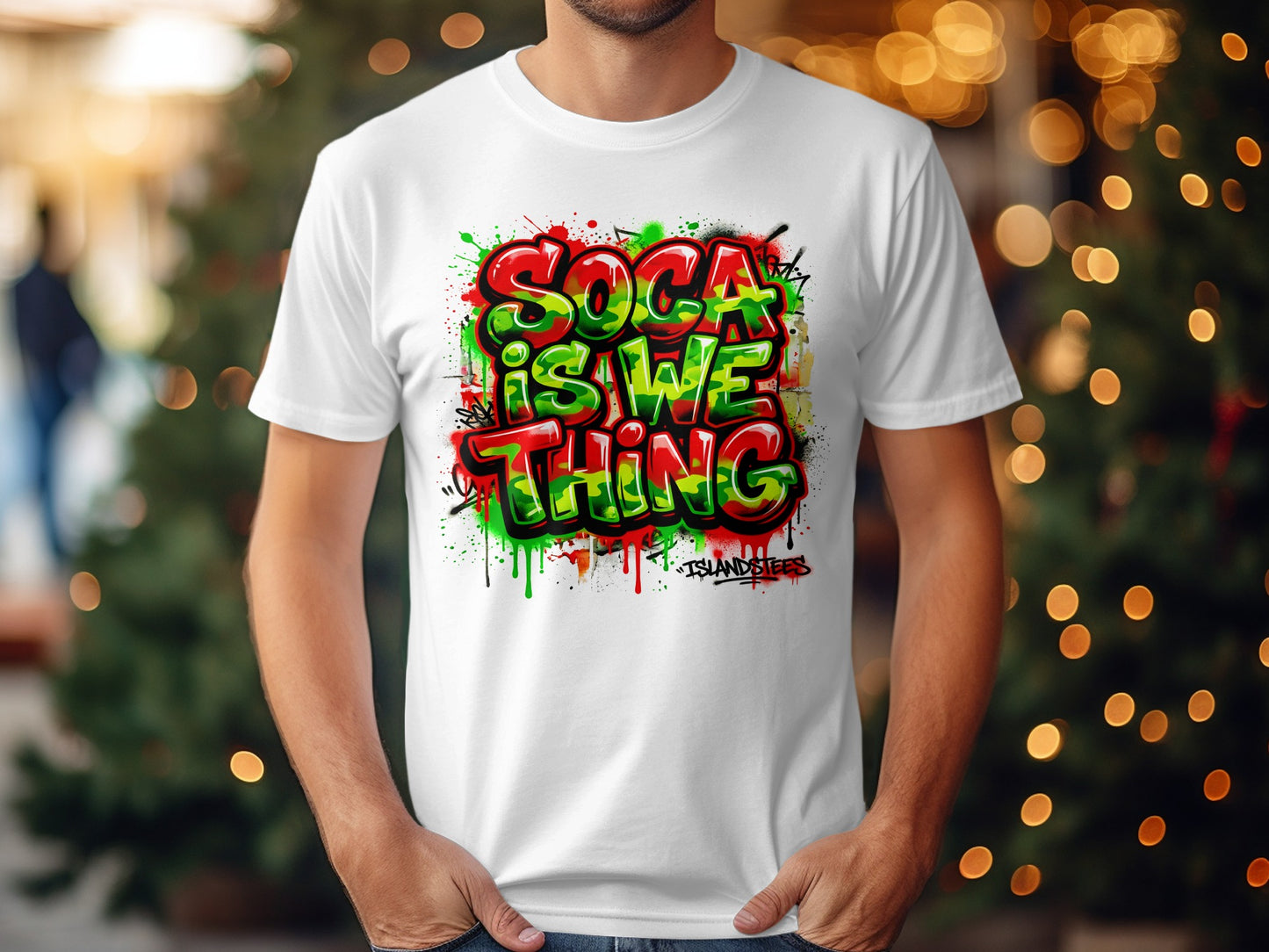 White t-shirt with "Soca is We Thing" graffiti-style text.