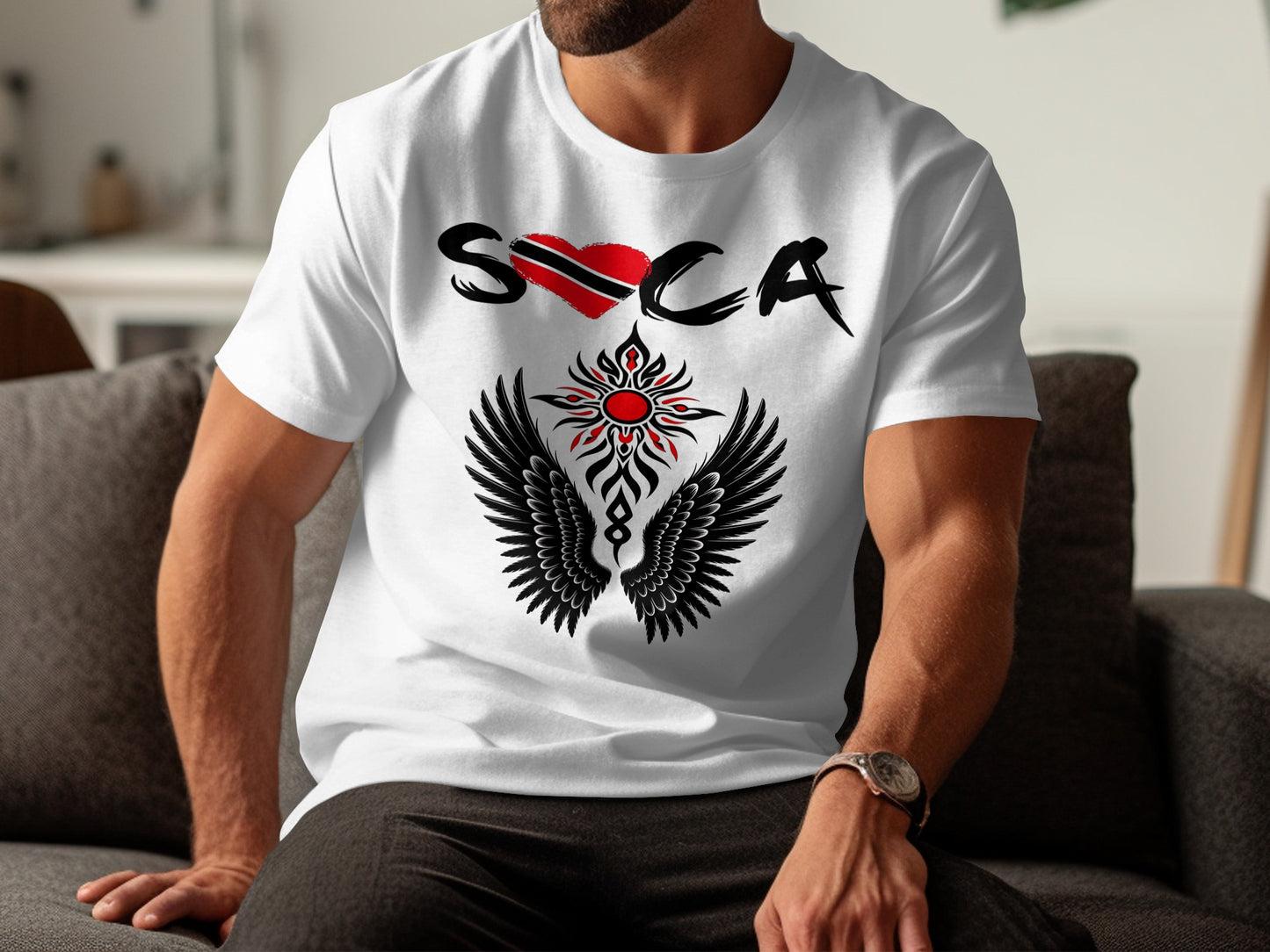 T-shirt with "Soca" text, Trinidad and Tobago flag heart, and wings.