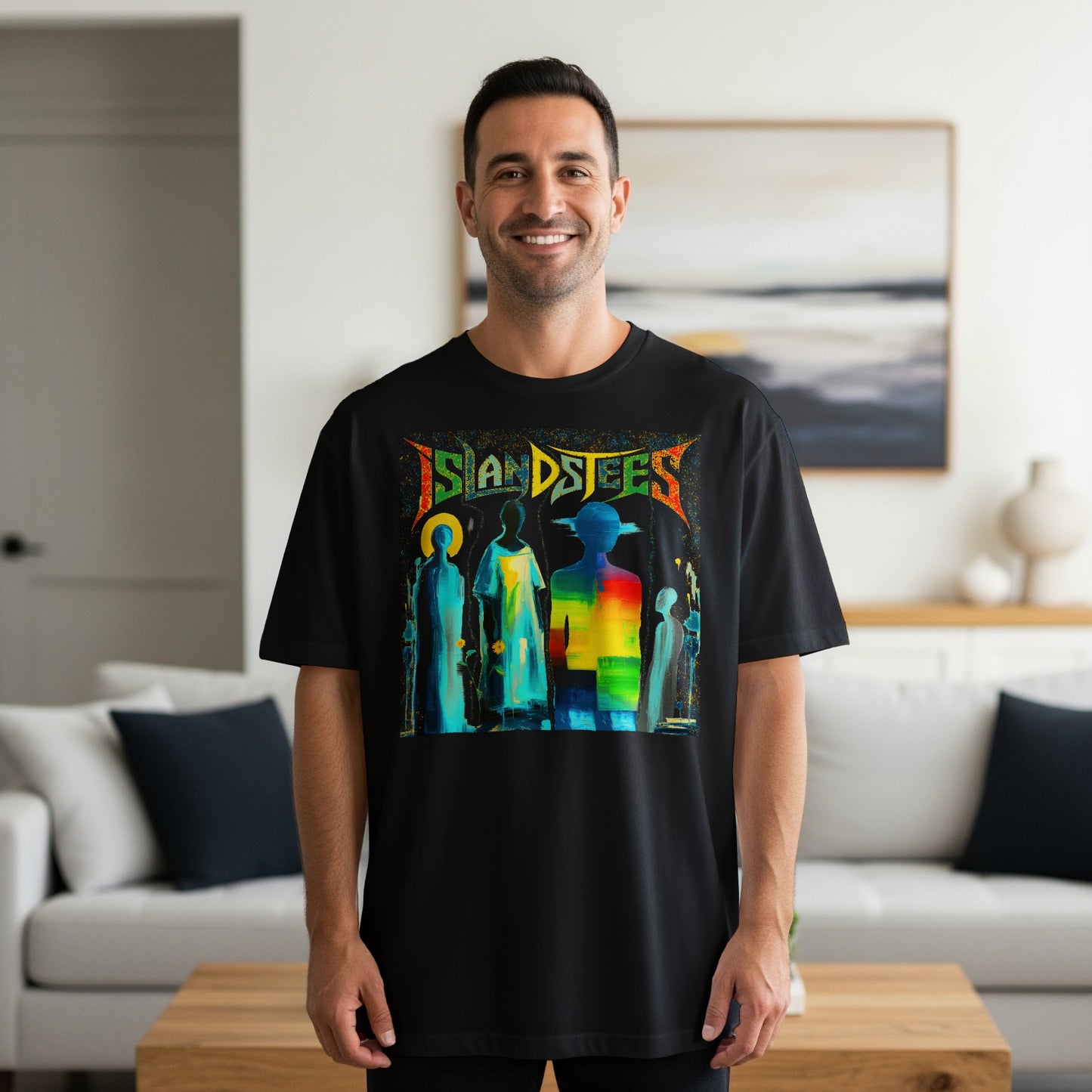 Man wearing black t-shirt with colorful "Sandees" graphic art.