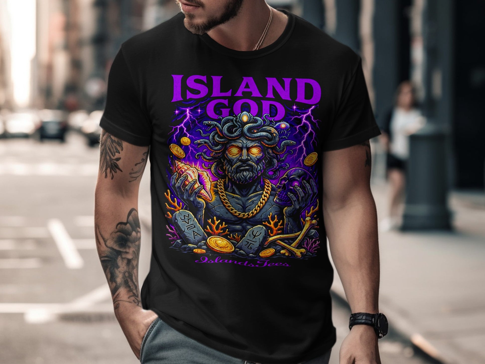 Black t-shirt with "ISLAND GOD" text and Medusa graphic.