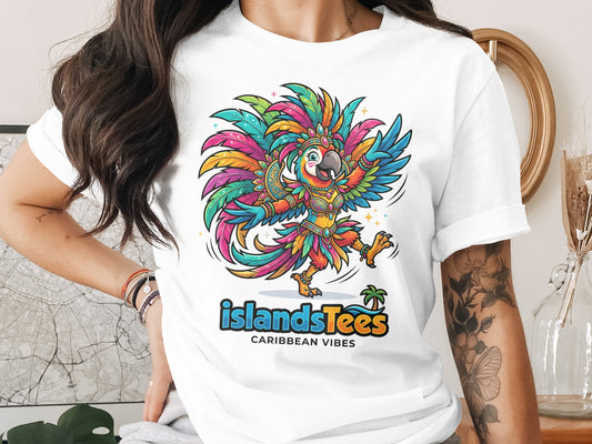 Colorful cartoon parrot mascot with "islandsTees CARIBBEAN VIBES" logo.