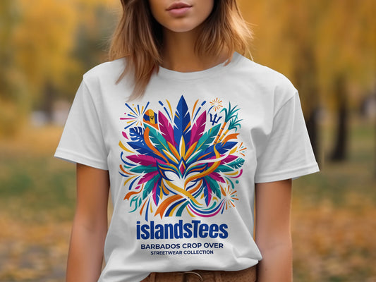 White t-shirt with colorful Barbados crop-over graphic design and text.