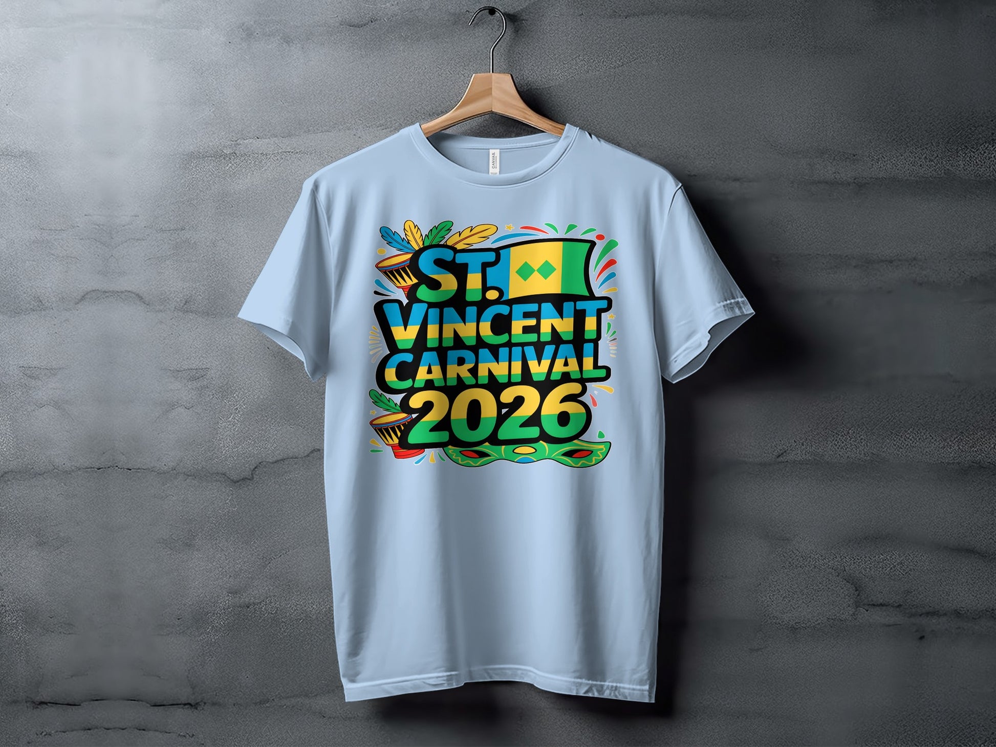 Light blue t-shirt with St. Vincent Carnival 2026 text and colorful graphics.