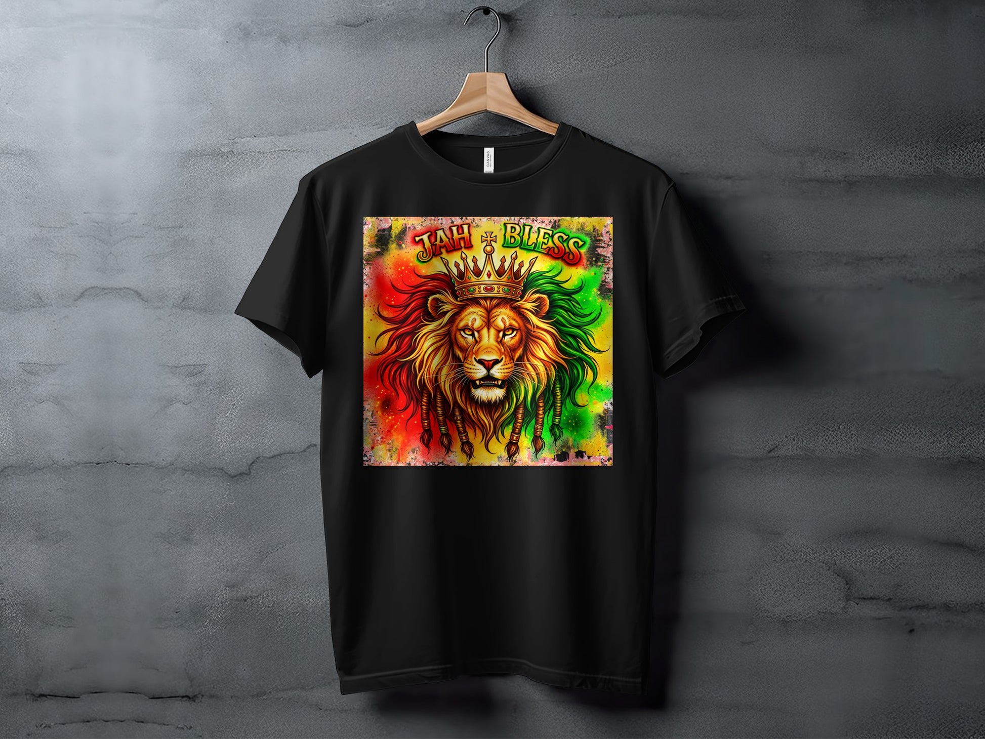 Black t-shirt with lion wearing crown, "JAH BLESS" text.