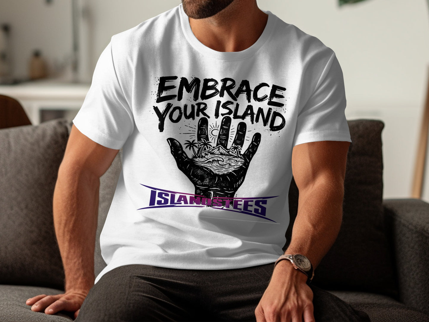 White t-shirt with "Embrace Your Island" and a hand with palm trees and waves.
