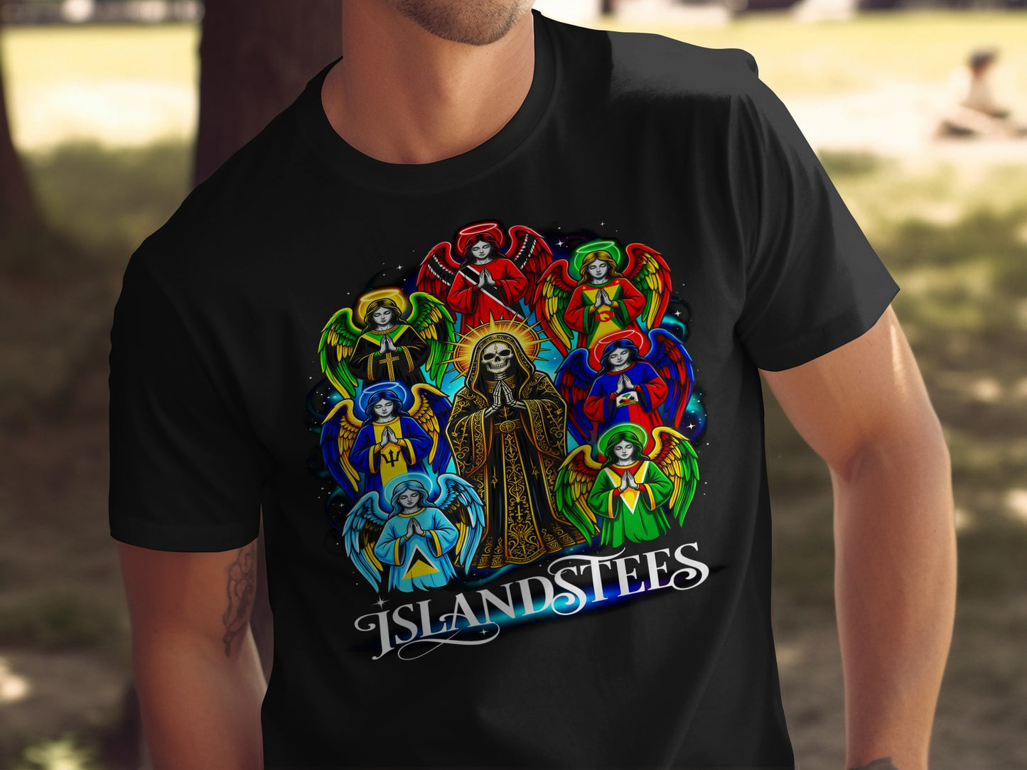 T-shirt featuring a Grim Reaper in a robe surrounded by colorful angels.