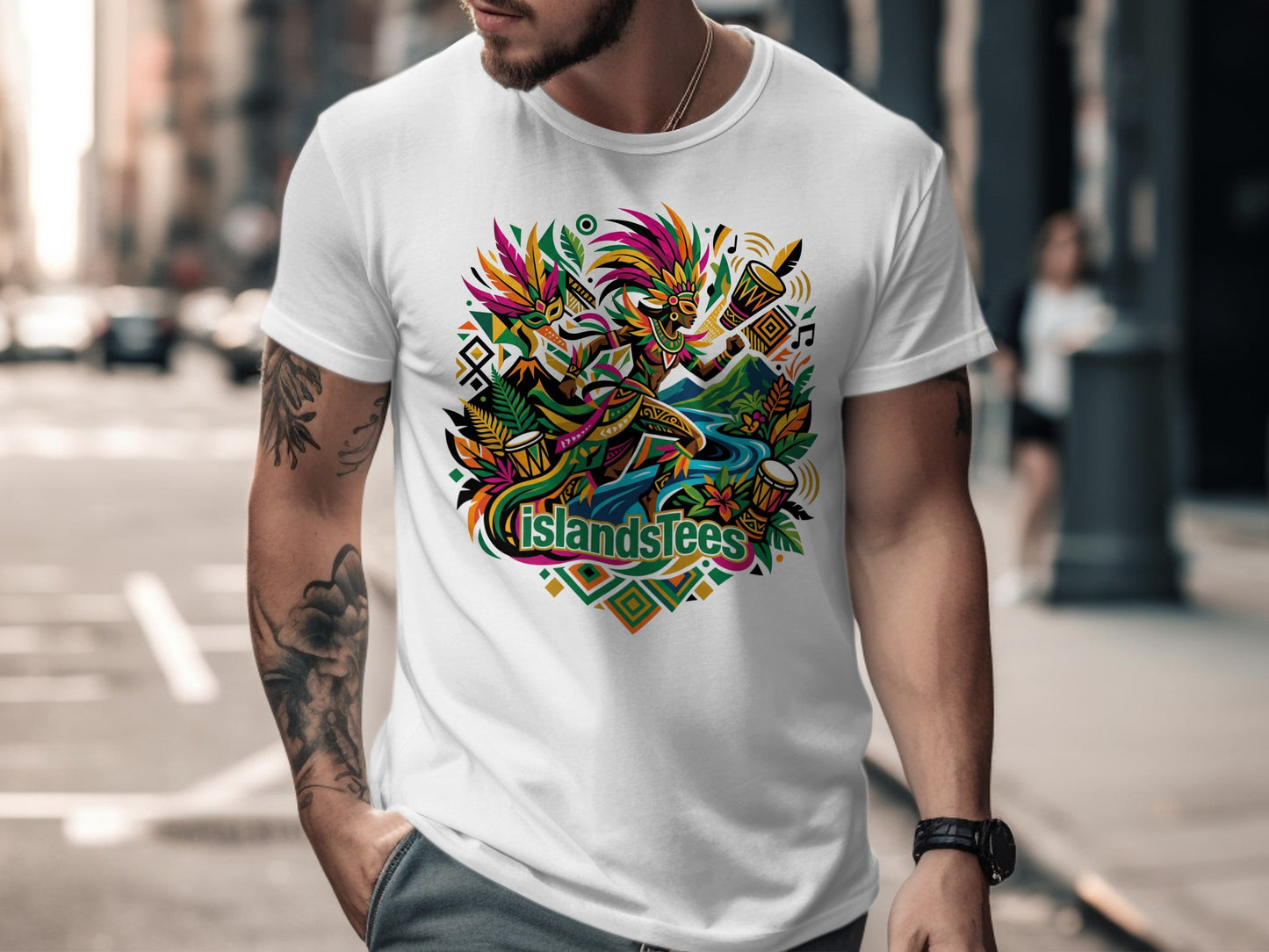 White t-shirt with colorful island festival graphic and "ISLANDSTEES" text.