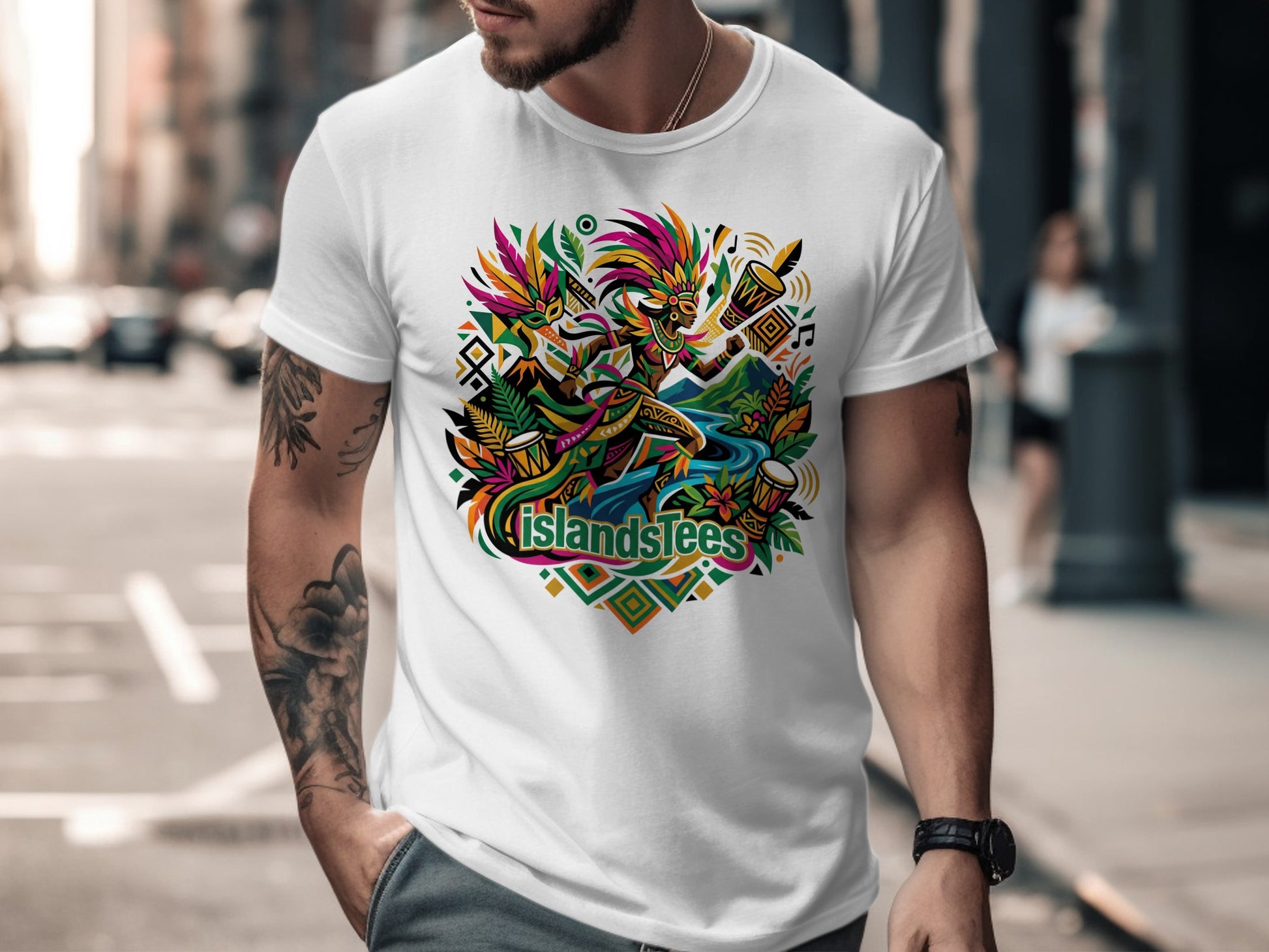 White t-shirt with colorful island festival graphic and "ISLANDSTEES" text.