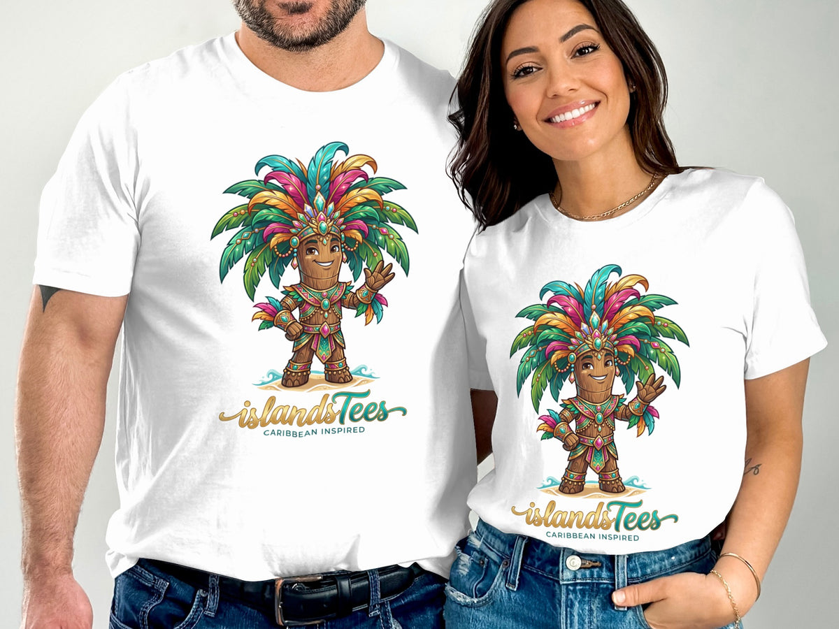 Cartoon palm tree character with colorful headdress on "Islands Tees" t-shirts.
