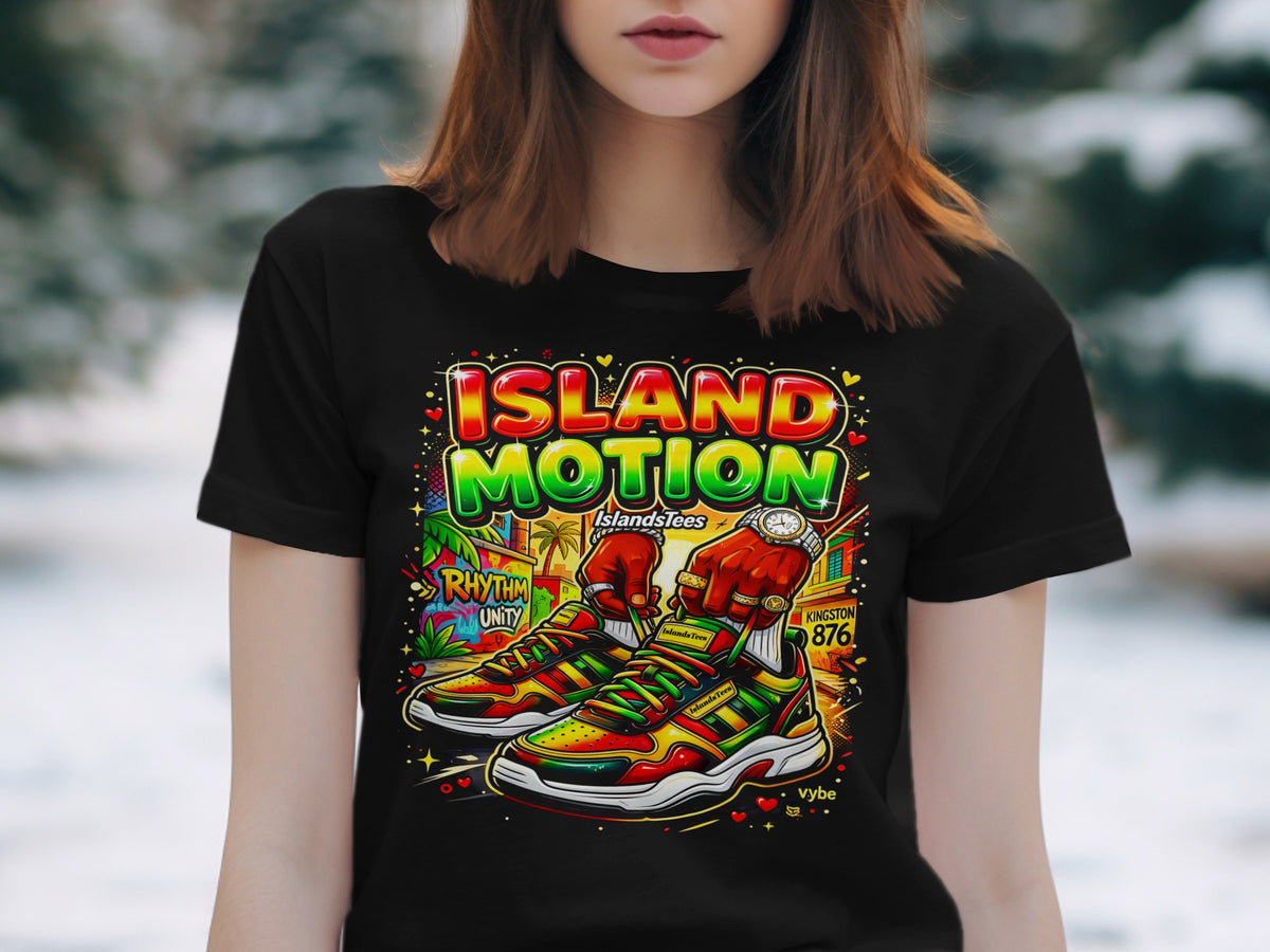 Black t-shirt with Island Motion logo and colorful sneakers.