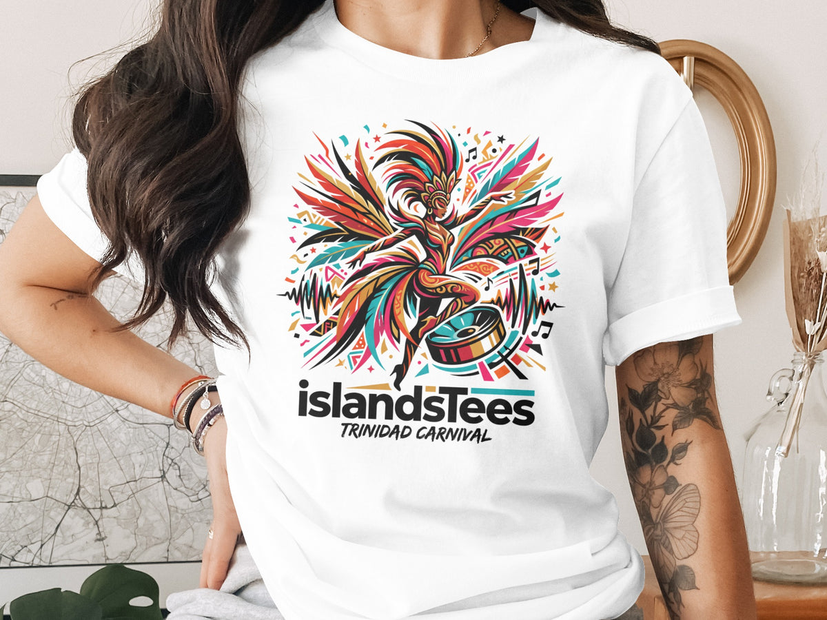 Trinidad Carnival graphic on white t-shirt with drummer and musical notes.