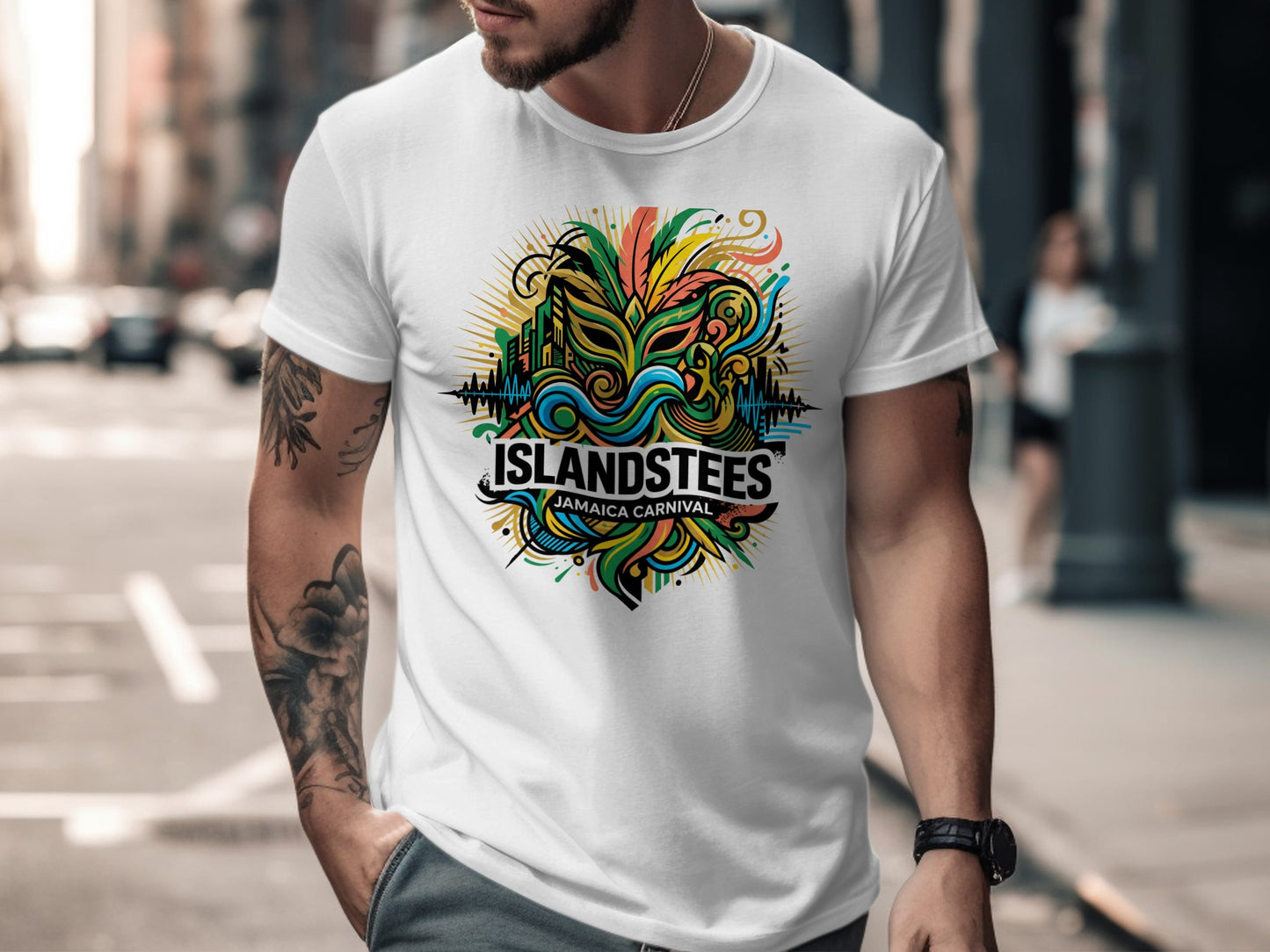 White t-shirt with colorful "ISLANDSTEES JAMAICA CARNIVAL" graphic.