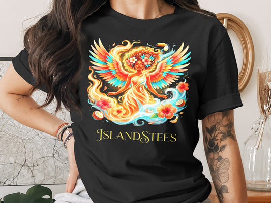 Woman wearing a t-shirt with a vibrant winged woman with tropical flowers and flames.