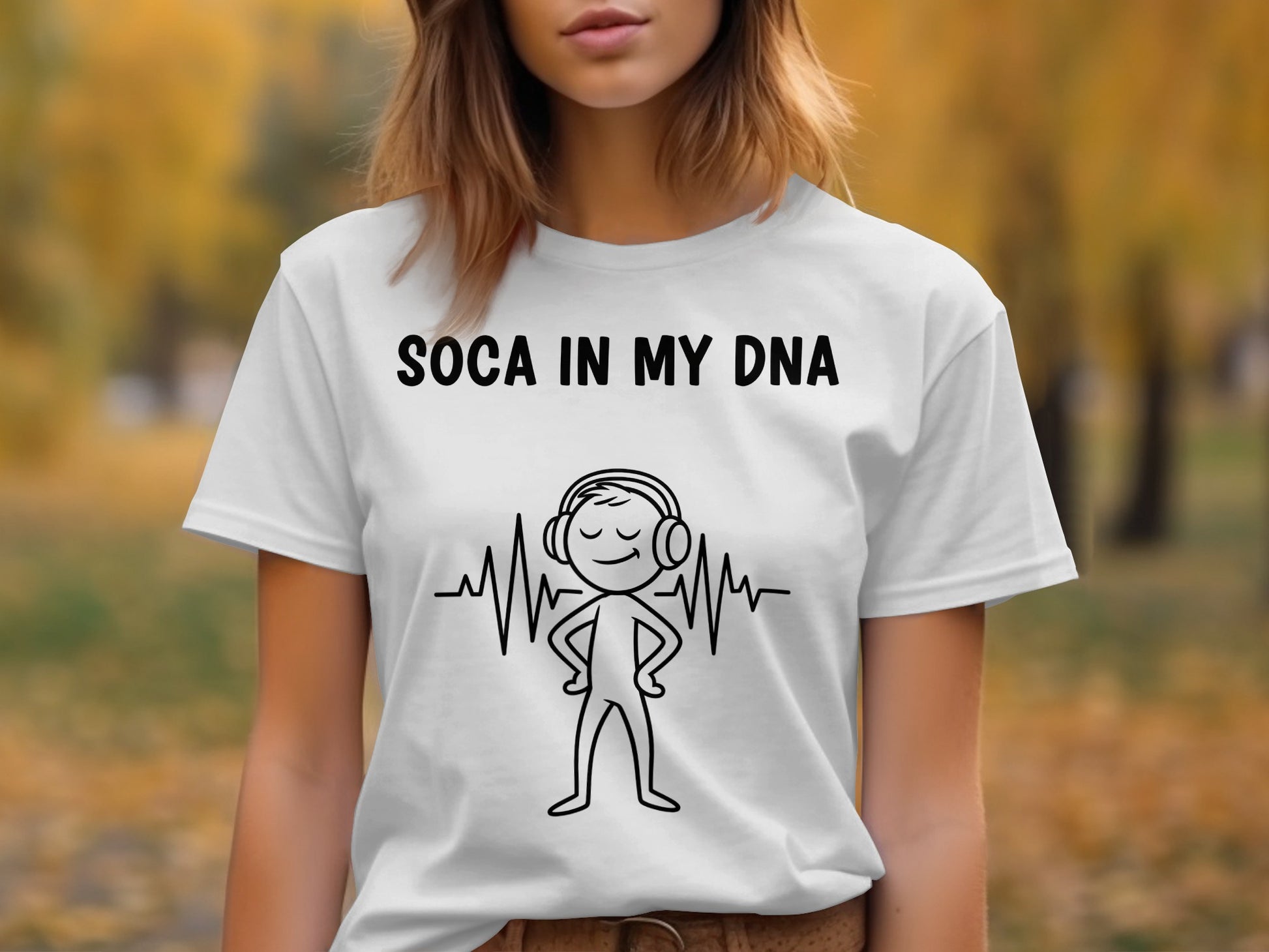 T-shirt with "SOCA IN MY DNA" text and graphic of person with headphones.