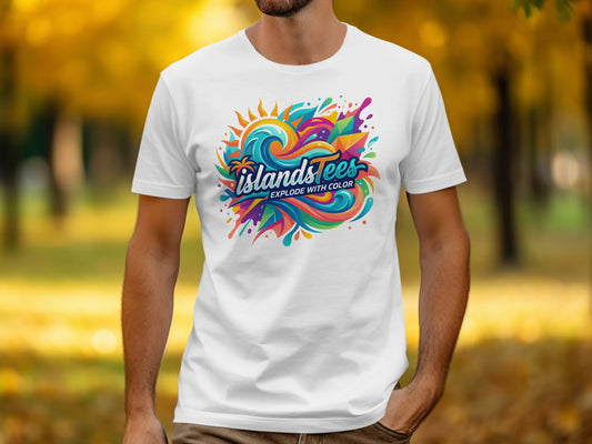 White t-shirt with "Islands Tees Explode with Color" logo featuring waves and abstract shapes.
