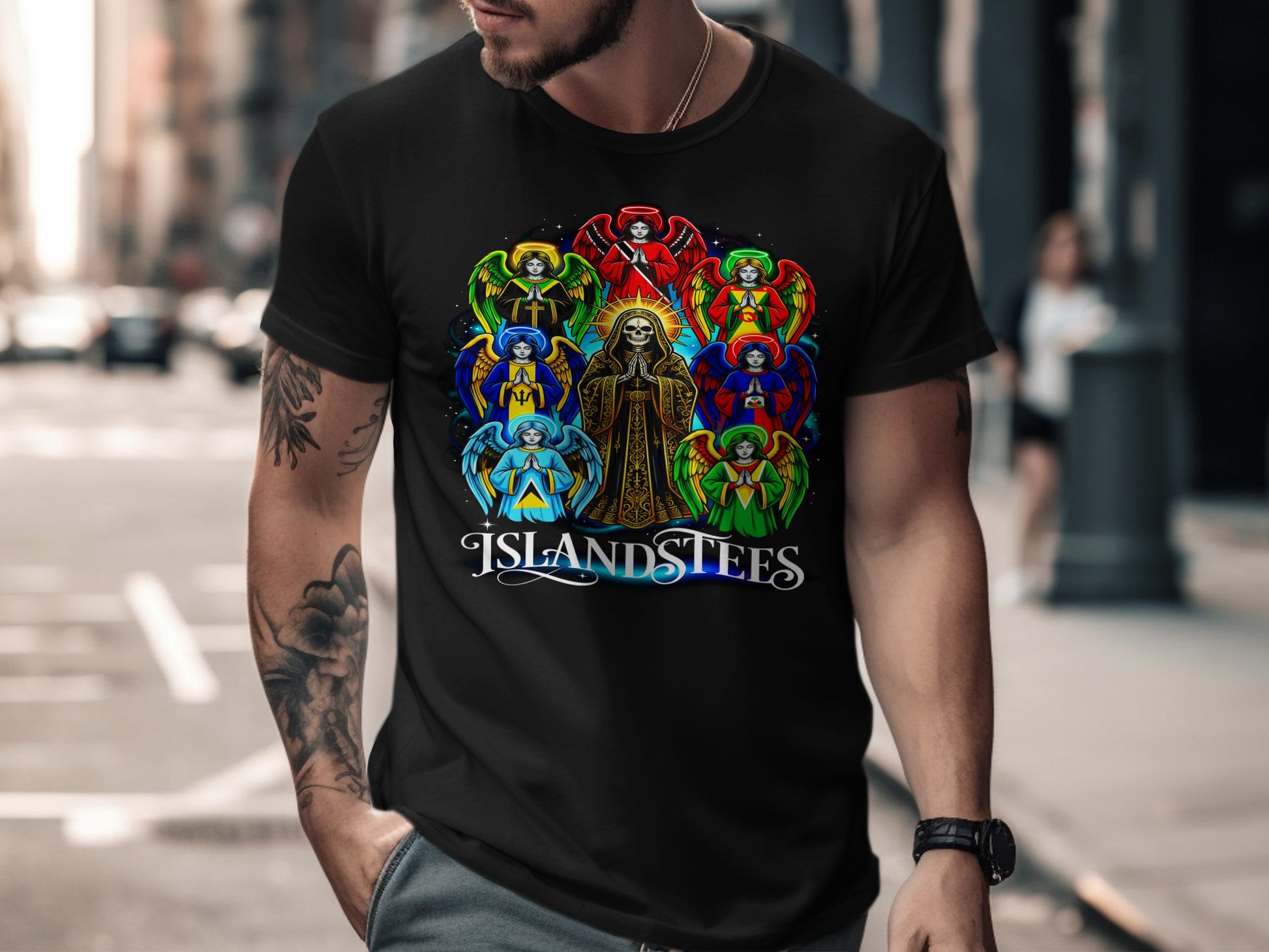 T-shirt with colorful angelic figures and "IslandStees" text.