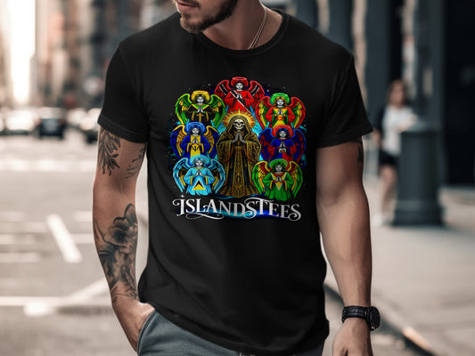 T-shirt with colorful angelic figures and "IslandStees" text.